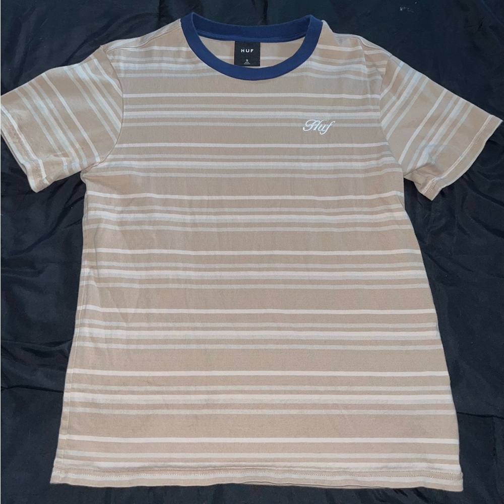 HUF Beige & White Striped Ringer Tee with Navy Collar